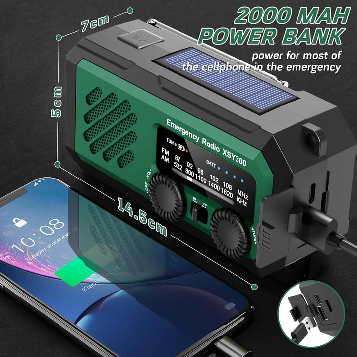 YIKANWEN Tragbares Notfall-Kurbelradio, 2000mAh Wiederaufladbare Batterie, AM/FM Radio mit LED-Tasch