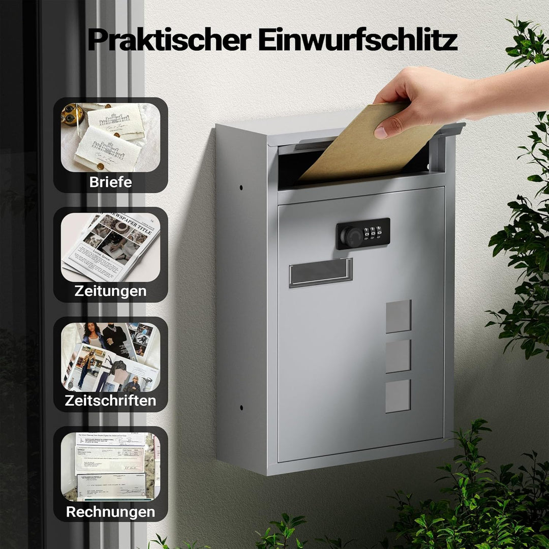 Wiltec Briefkasten silberfarben 215x320x90mm Briefkasten mit Zahlenschloss, Namensschild und Sichtfe