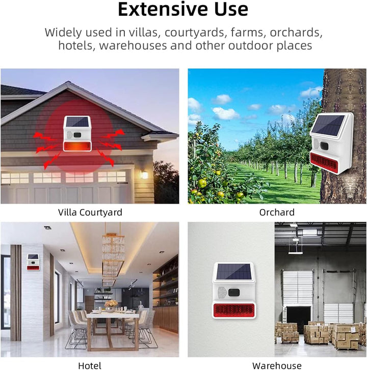Solar-Sirene für den Aussenbereich, mit LED-Blinklicht, 110 dB, kompatibel mit Alarmanlage für Haus,