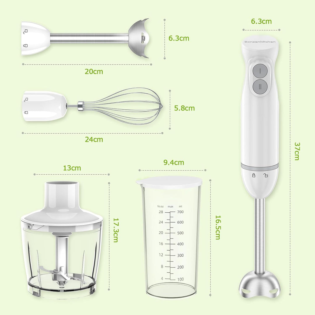 Bonsenkitchen Pürierstab, 1000W Edelstahl Elektrischer Stabmixer, 2 Geschwindigkeitsstufen, Stabmixe