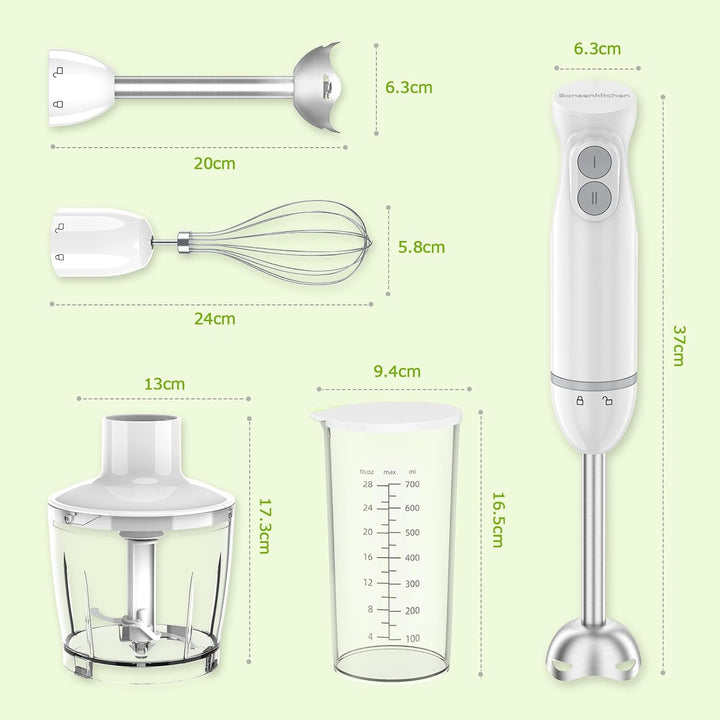 Bonsenkitchen Pürierstab, 1000W Edelstahl Elektrischer Stabmixer, 2 Geschwindigkeitsstufen, Stabmixe