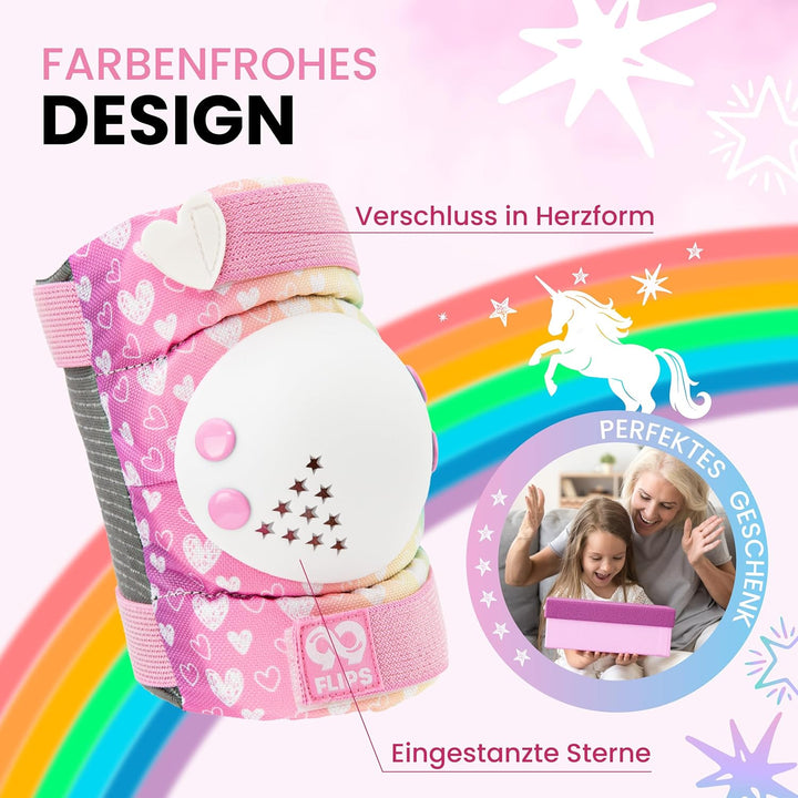 99FLIPS Inliner Schoner Kinder Set - TÜV Rheinland GS Zertifiziert [6er Set] mit Einhorn Beutel für