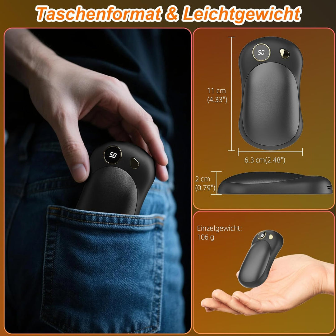 Handwärmer Elektrisch, 2er Set 10000mAh USB-C Handwärmer mit Digitalanzeige, 3 Heizstufen, wiederver