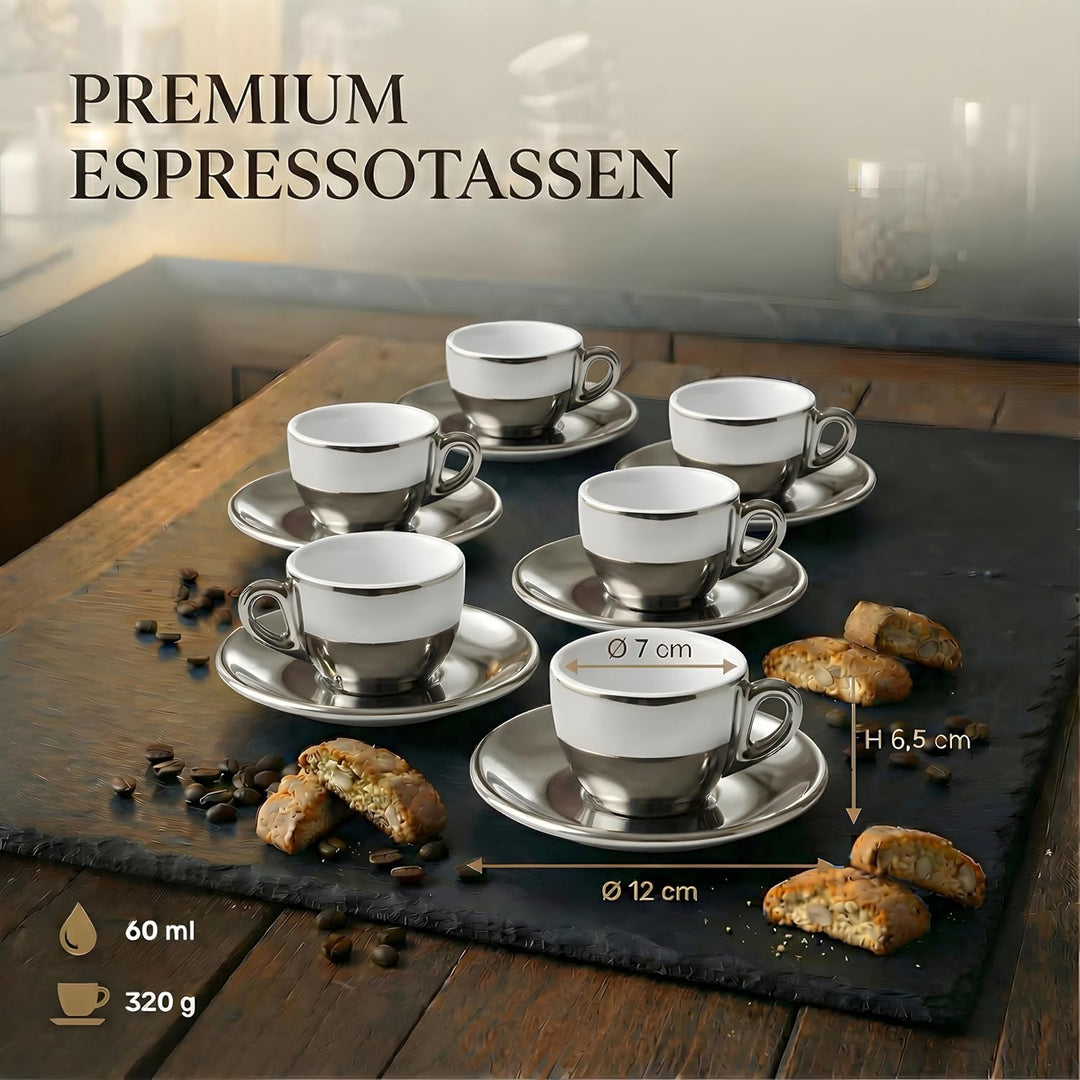 6x Espressotassen | Silber Chrome | Italian Style | dickwandig &amp; schwer | Espresso 6er Set mit Unter