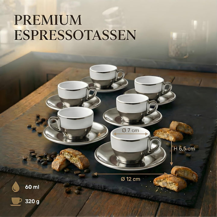6x Espressotassen | Silber Chrome | Italian Style | dickwandig &amp; schwer | Espresso 6er Set mit Unter
