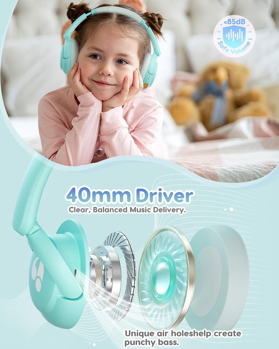 Bluetooth Kopfhörer Kinder, 85dBA Sicheres Volumen, Bluetooth 5.4, BPA Frei/CPC Zertifiziert, 75 Std