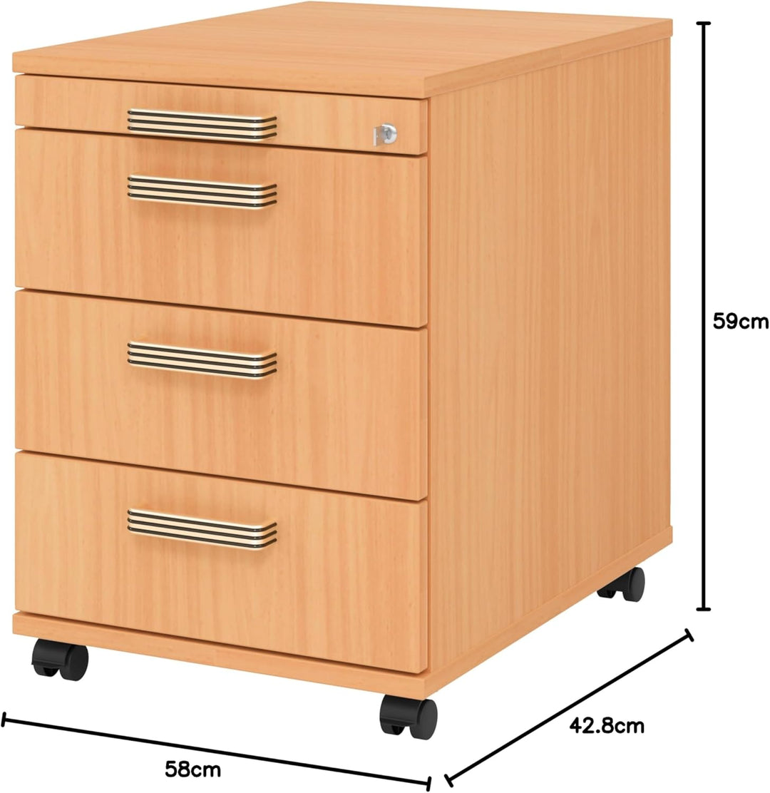 bümö Rollcontainer mit Schubladen, Container abschliessbar aus Holz in Buche - Rollwagen für's Büro