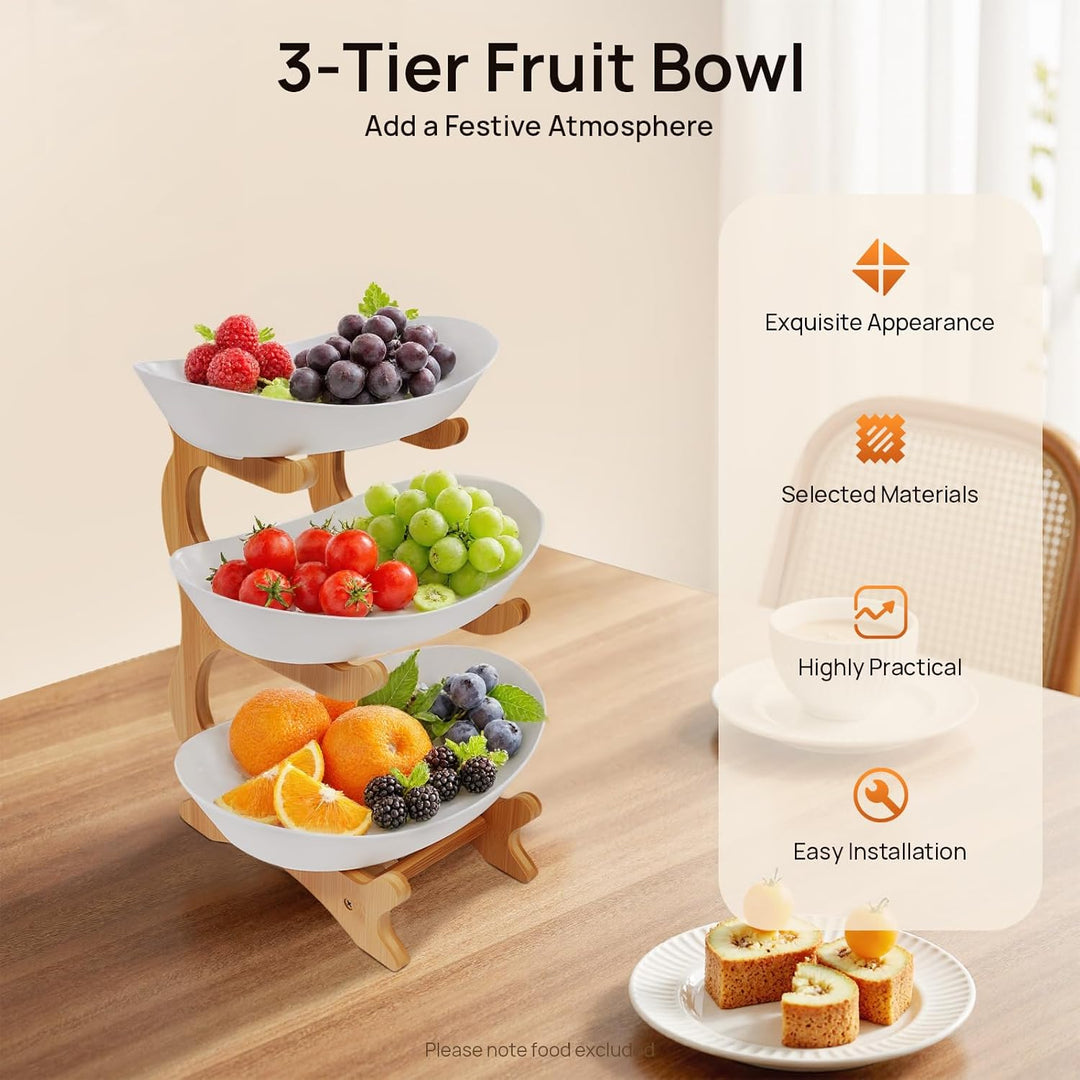 Holz + weiss 3 tier meta 3 tier fruit bowl with natural bamboo stand for fruit, bread, snacks, fruit