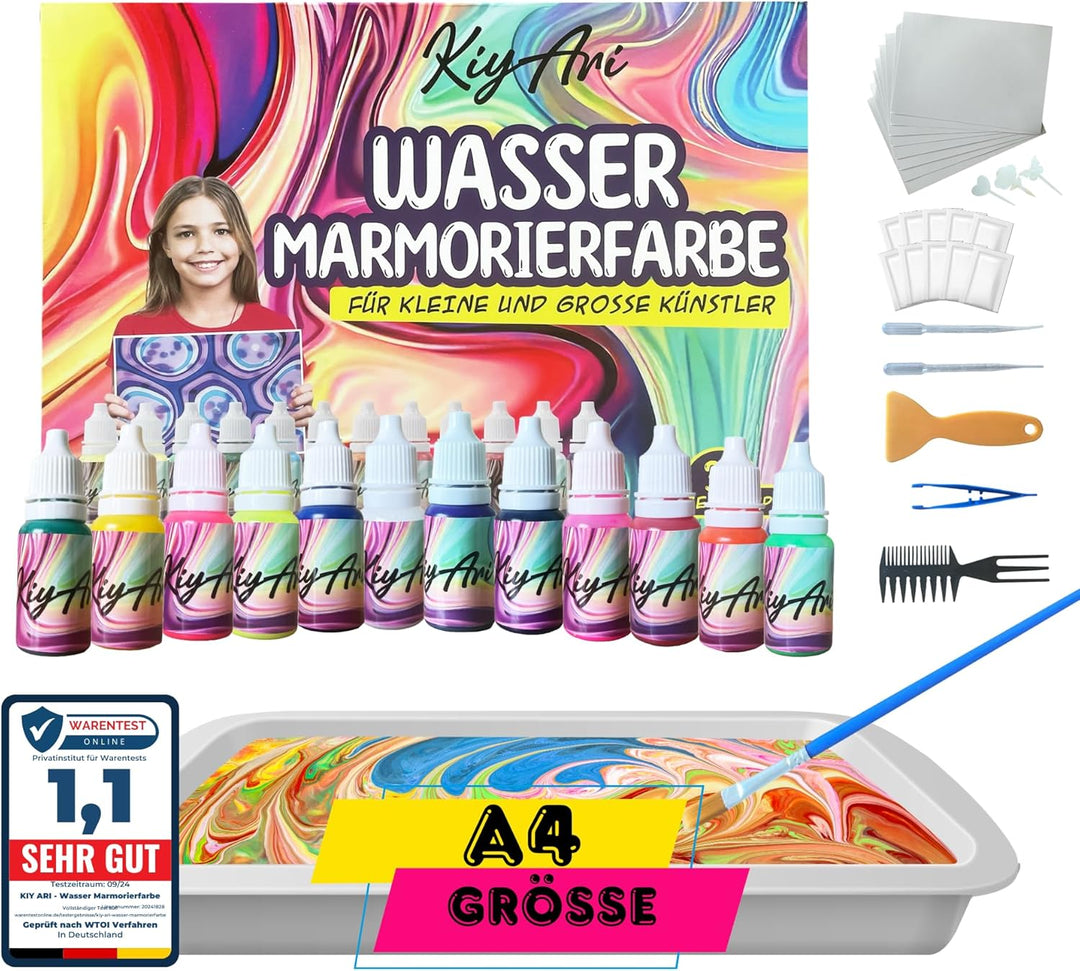 Wasser-Marmorierfarben-Set – 12 kräftige Farben & 10 A4-Blätter – Bastelset für Kinder ab 6 Jahren |