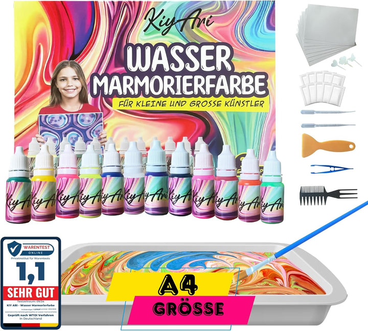Wasser-Marmorierfarben-Set – 12 kräftige Farben & 10 A4-Blätter – Bastelset für Kinder ab 6 Jahren |