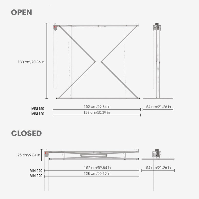 Foxydry Mini Deckenständer, vertikaler Wäscheständer, zusammenklappbar in Aluminium und Stahl 128x54