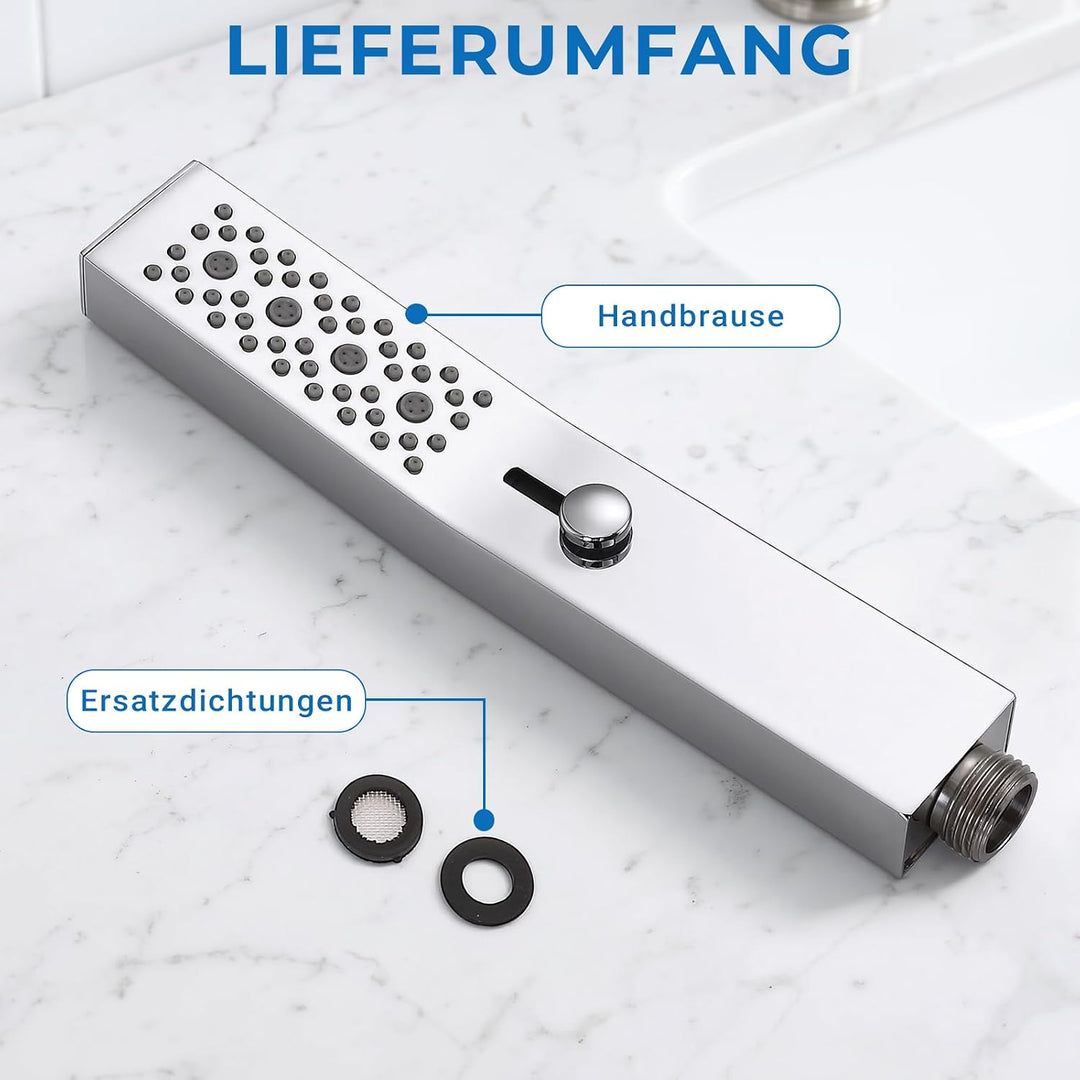 quadratischer Handbrause-Duschkopf aus Vollmetall mit 2 Funktionen, seitlichem Druckschalter für ein