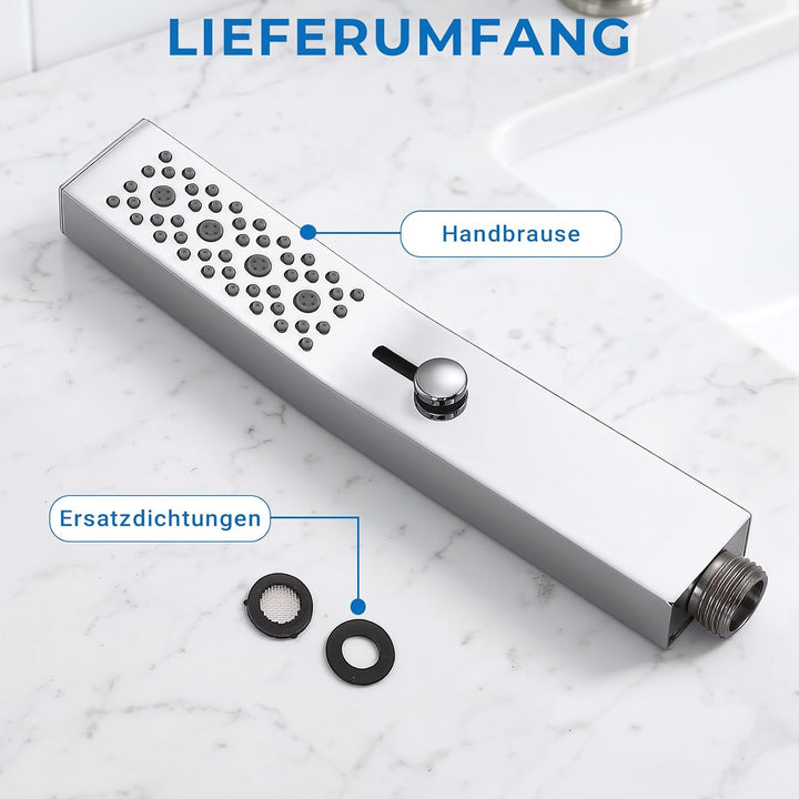 quadratischer Handbrause-Duschkopf aus Vollmetall mit 2 Funktionen, seitlichem Druckschalter für ein