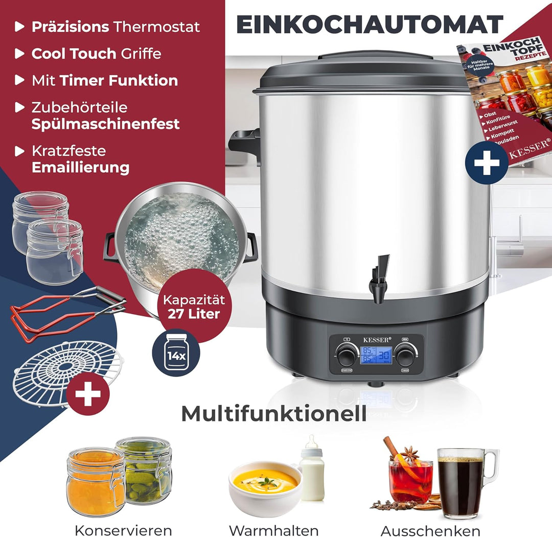 KESSER Einkochautomat 27L Glühweinkocher Glühweinkessel Edelstahl Timer | 2000W Temperatur 30-100°C