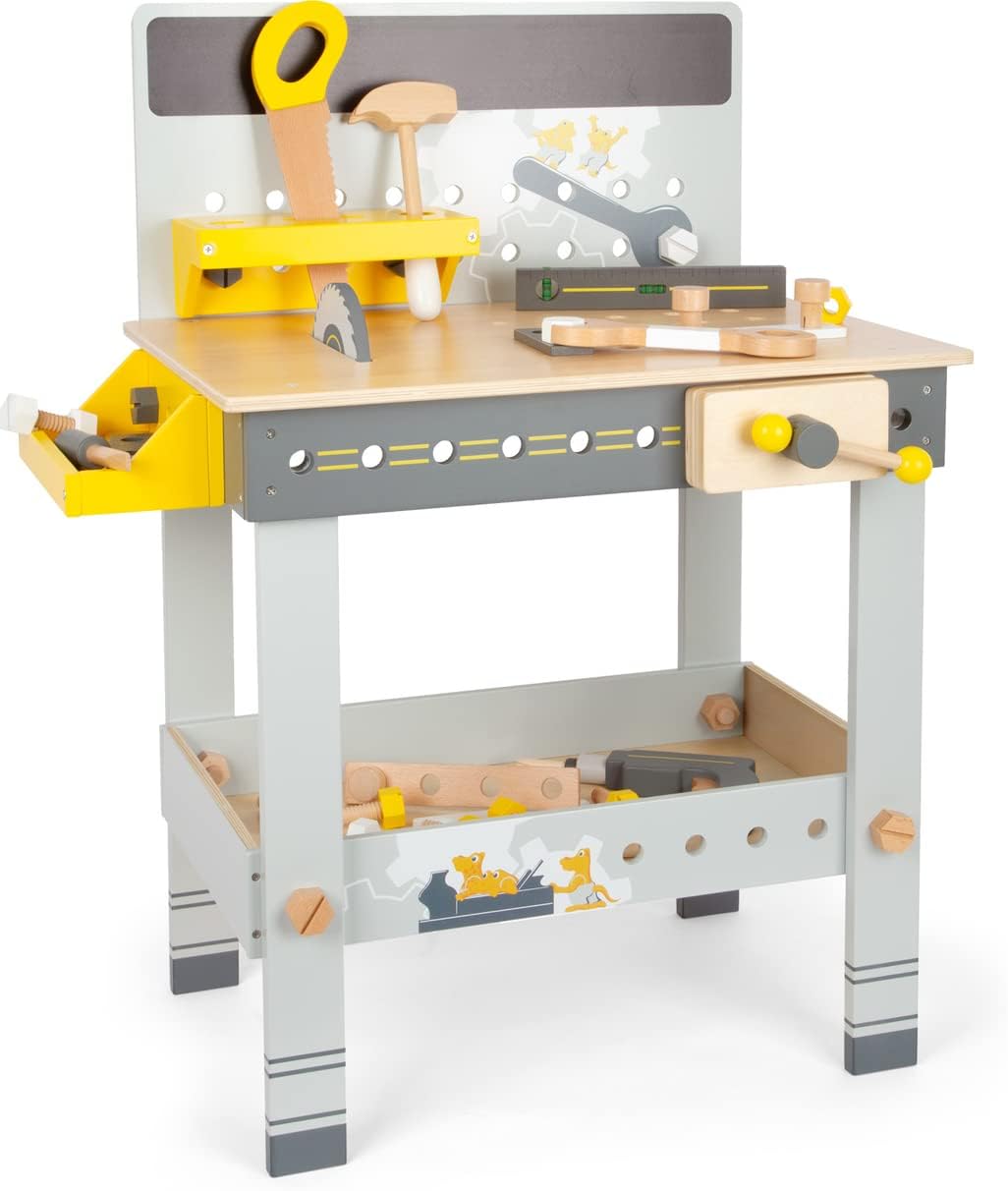 Small Foot Werkbank Miniwob aus Holz, mit Werkzeug, umfangreichem Zubehör und Schraub-Set, für Kinde