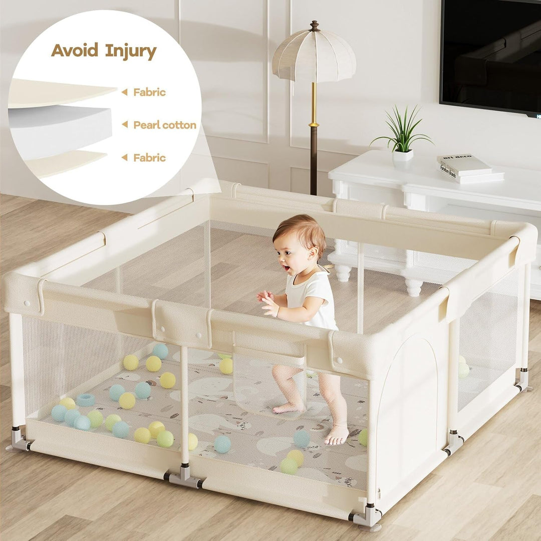 Laufstall Baby mit Matratze, Beige 120x120 Kleines Laufgitter Baby mit Matte, Laufstall für Apartmen