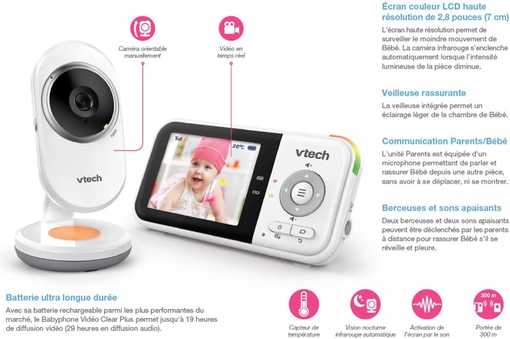 VTech - BM3254 – Babyphone Video Clear Plus – Nachtlicht und Wiegenlied – Display 2,8 Zoll – Babypho
