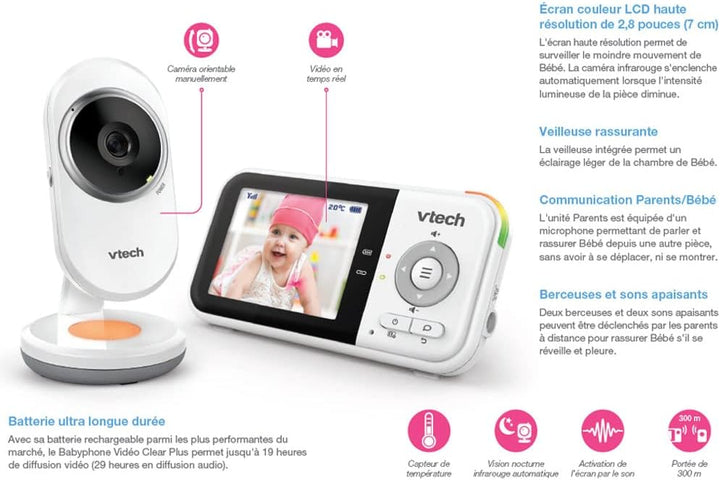 VTech - BM3254 – Babyphone Video Clear Plus – Nachtlicht und Wiegenlied – Display 2,8 Zoll – Babypho