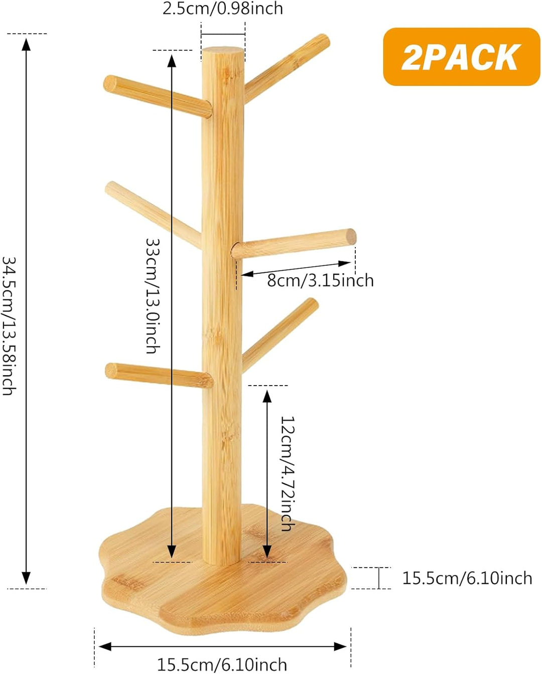 SUNOYA 2 Stück Brezelständer, Pretzel Stand, Höhe 34,5cm, Tassenständer Holz Mit 6 Haken Und Verdick
