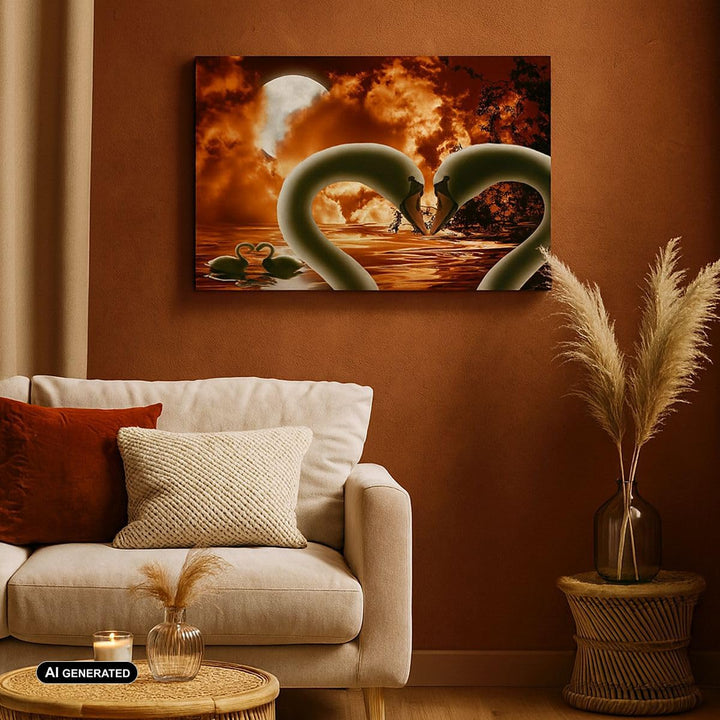 Bilder auf Leinwand Schwäne Nacht Liebe Leinwandbild mit Rahmen 70x50cm Wandbilder Dekoration Wohnzi