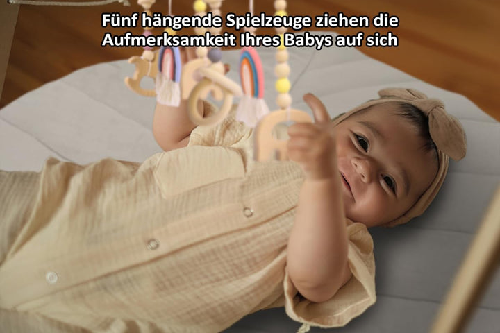 Ladanas Spielbogen Baby aus Holz inkl. 5 Spielzeugen & doppelseitiger Spielmatte – Stabiler & Klappb