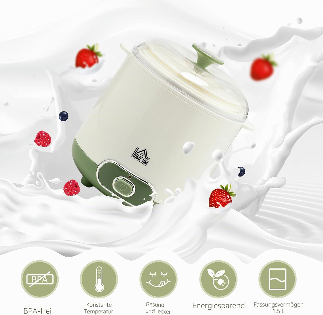 HOMCOM Joghurtbereiter, 1,5 L Joghurtmaschine mit Sieb, Deckel, 20 W Joghurt-Maker für griechischen