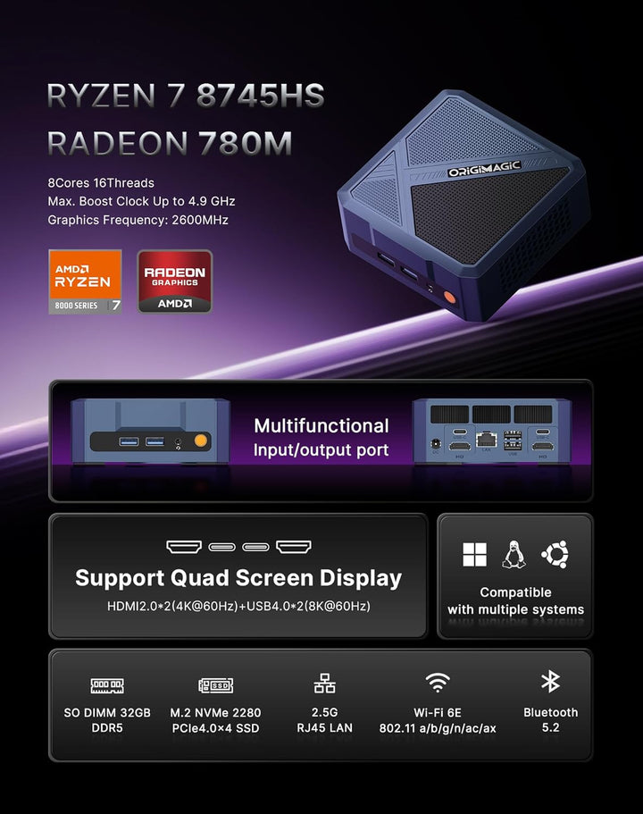 A3 Mini-PC Performance Ryzen 7 (4,9 GHz), 32 GB DDR5 Speicher, 1 TB SSD, 4 Bildschirme, perfekt für