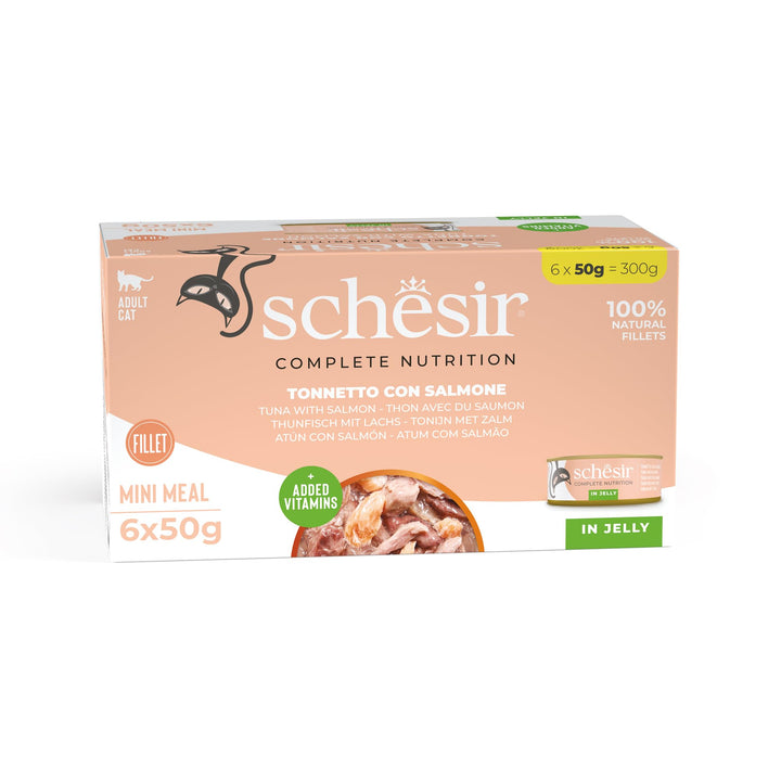 Schesir Cat Jelly Thunfisch mit Lachs, Katzenfutter nass, 8 x 6 Dosen x 50 g Thunfisch mit Lachs Jel