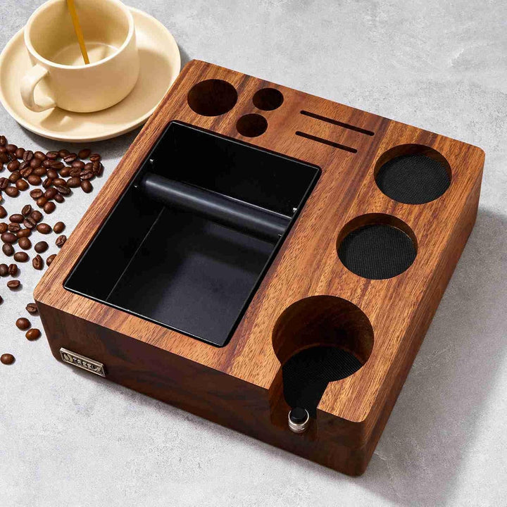 Walnussholz Espresso Stopfstation, Kaffee Tamperstation Organizer, Barista Zubehör für 51/54 mm Sieb