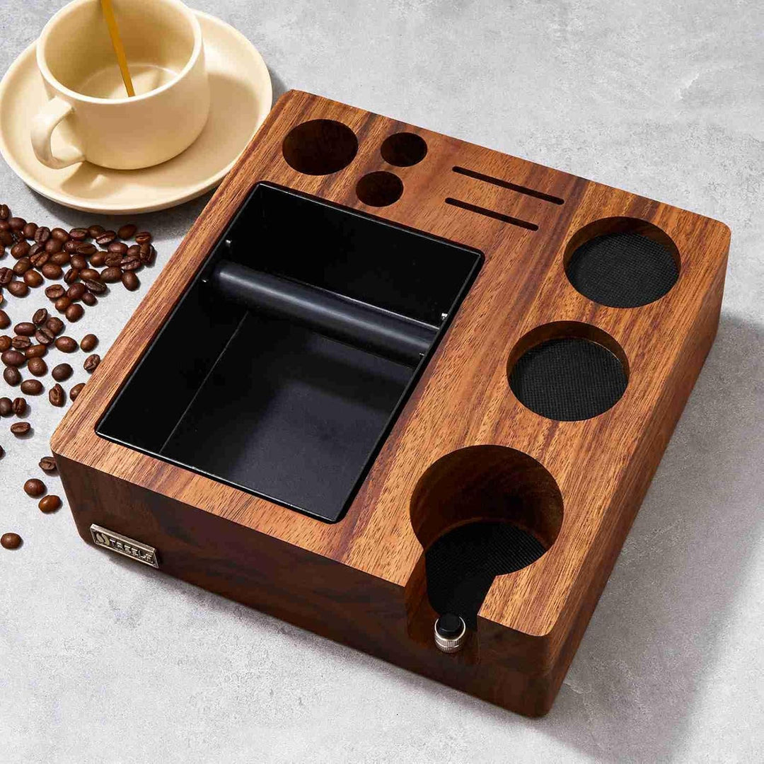 -Klopfbox und Tamping-Station aus Holz, Walnuss-Kaffeewerkzeug-Organizer-Ständer mit Siebträgerhalte