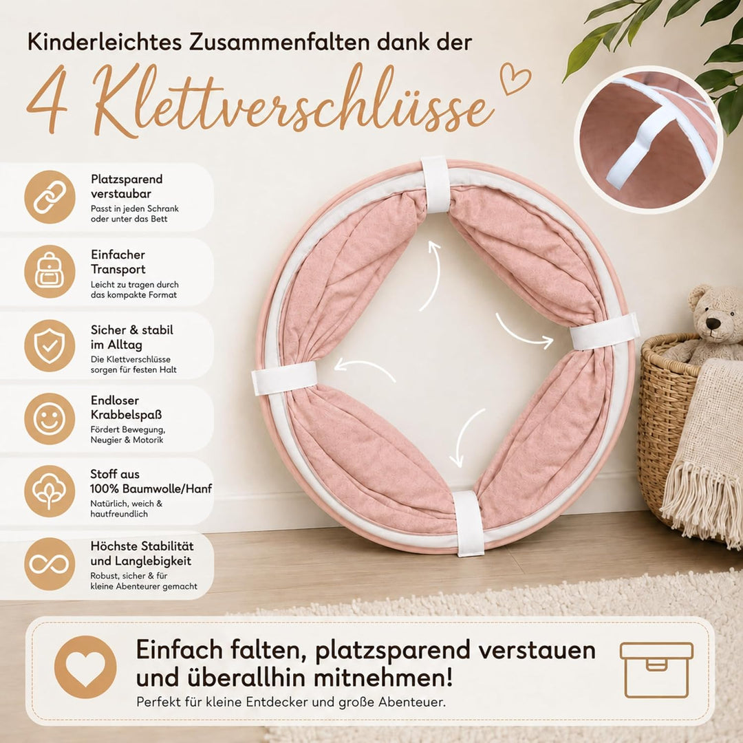 Spieltunnel für Kinder aus Baumwolle/Hanf mit Klettverschlüssen [180cm x 46cm] Krabbeltunnel für Bab