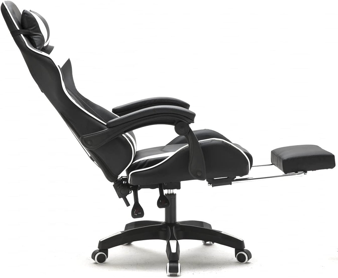 VDD Gaming Stuhl Cyclone mit Fussstütze - Bürostuhl - Racing Gaming Stuhl - Weiss Schwarz