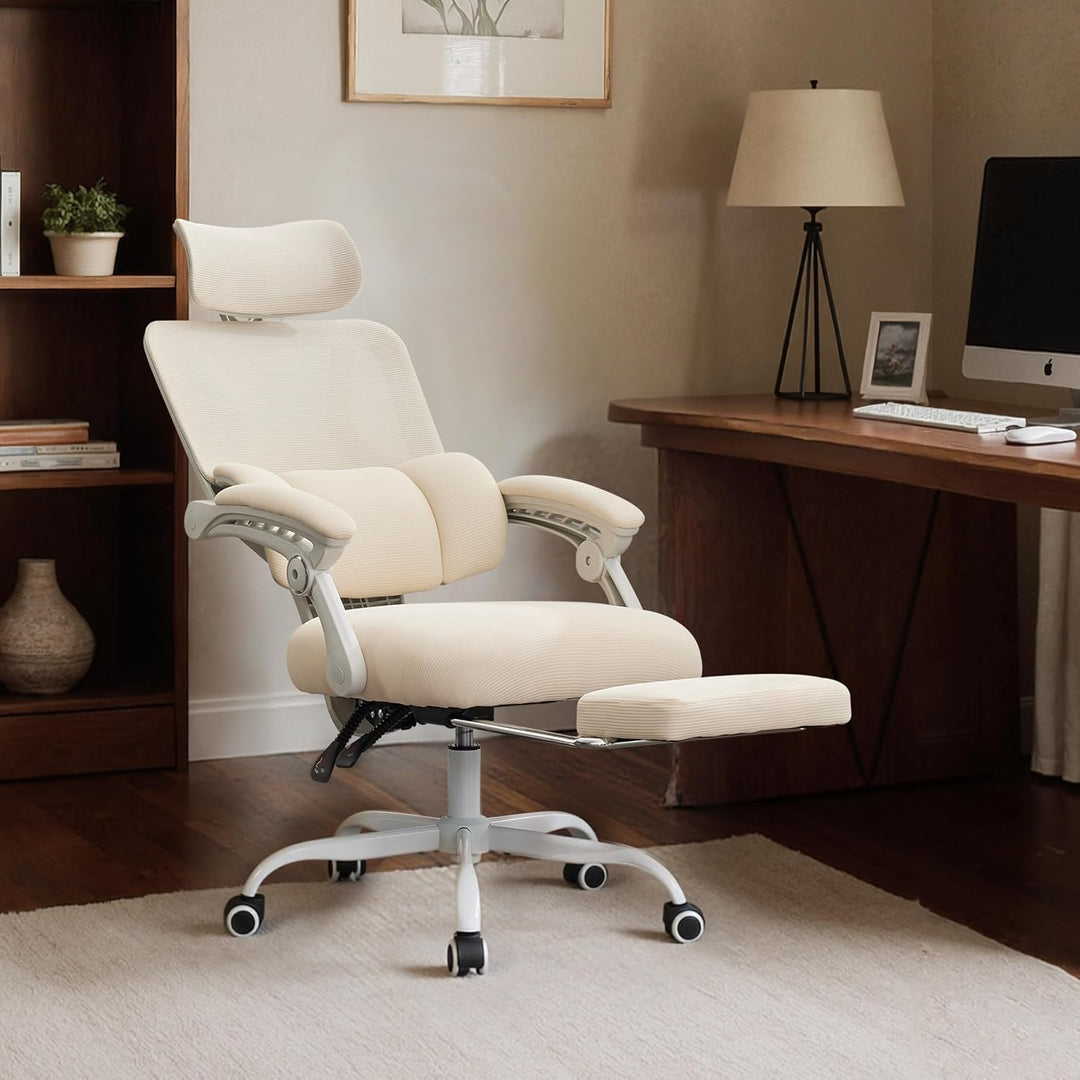 UEV Bürostuhl Ergonomisch mit Fussstütze, Homeoffice Stuhl, beige | Drehstuhl,Schreibtischstuhl,neig