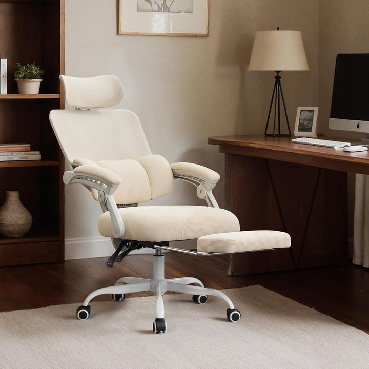 UEV Bürostuhl Ergonomisch mit Fussstütze, Homeoffice Stuhl, beige | Drehstuhl,Schreibtischstuhl,neig