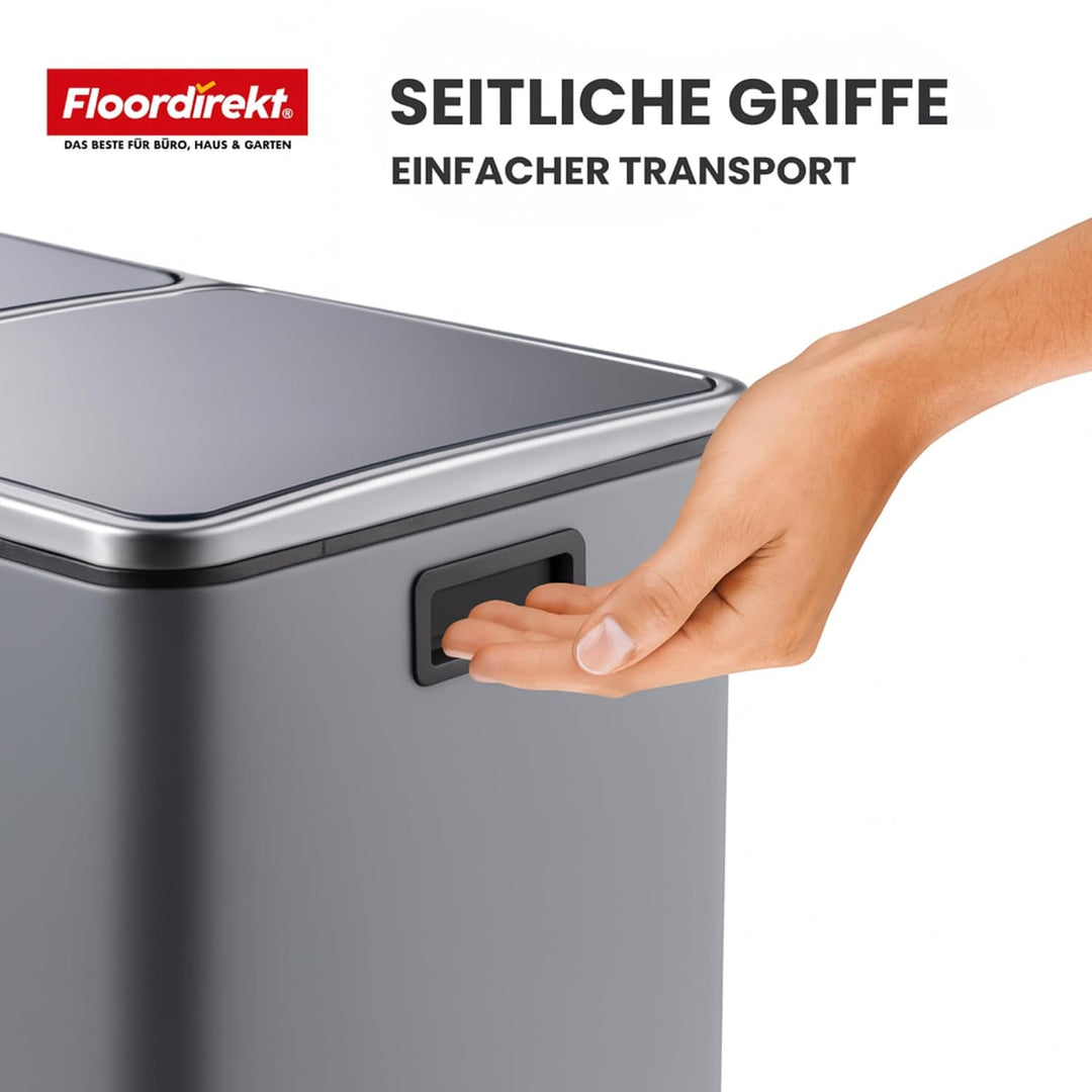 Floordirekt Mülleimer Küche 2×30L Grau | 2-Fach Mülltrennung, Treteimer Küche, Metall, Soft-Close, l