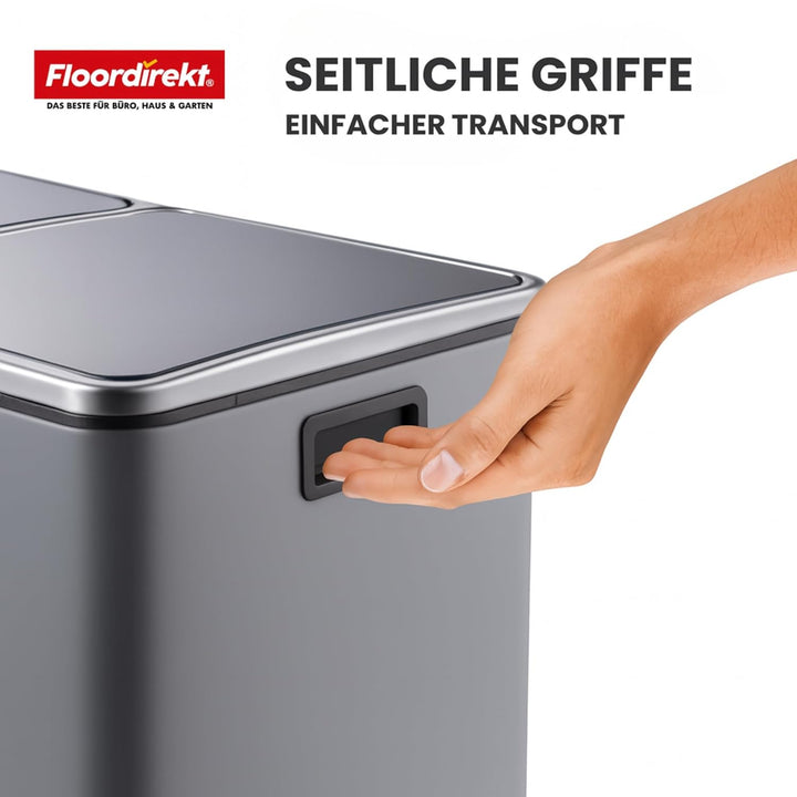 Floordirekt Mülleimer Küche 2×30L Grau | 2-Fach Mülltrennung, Treteimer Küche, Metall, Soft-Close, l