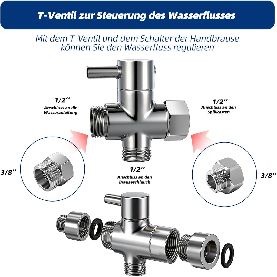 Bidet Handbrause Set, Hand Gehalten Bidet Sprayer Edelstahl mit Ventil T-Adapter (G1/2''-3/8''), 150