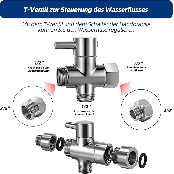 Bidet Handbrause Set, Hand Gehalten Bidet Sprayer Edelstahl mit Ventil T-Adapter (G1/2''-3/8''), 150