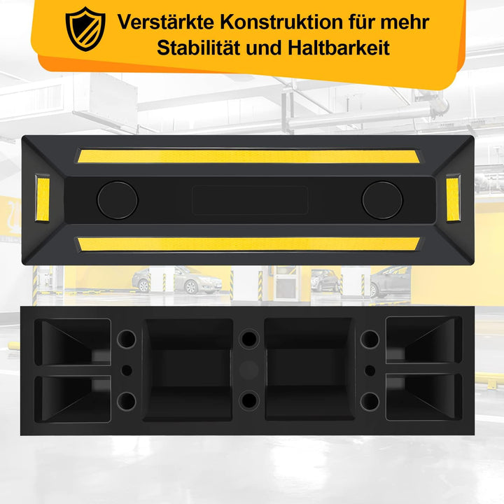 4 x Gummi Radstopper, 54x15x10cm Parkplatzbegrenzung, Parkplatzsperre mit Gelb Reflektierende Streif