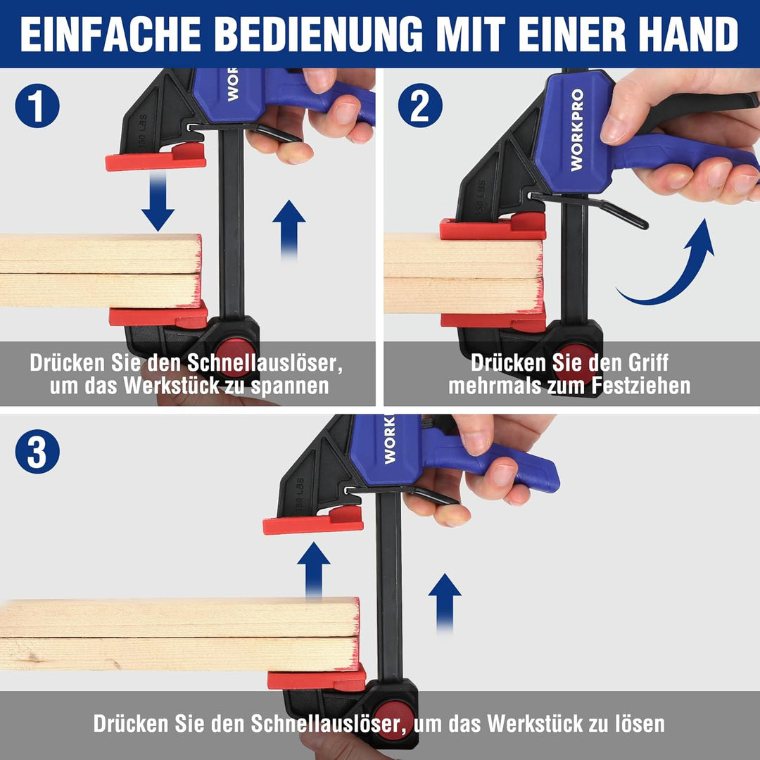 WORKPRO Einhandzwingen Set 4 Stück Schraubzwingen Spanner, Spannweite 120mm/150mm, Dehnbereich 200mm
