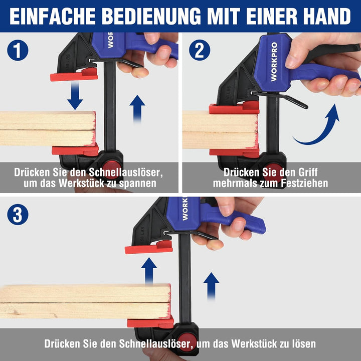 WORKPRO Einhandzwingen Set 4 Stück Schraubzwingen Spanner, Spannweite 120mm/150mm, Dehnbereich 200mm