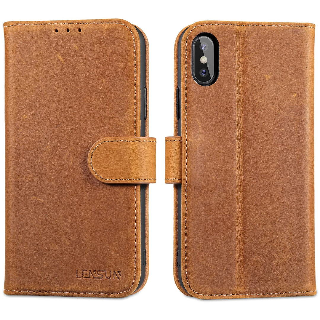 LENSUN Echtleder Hülle für iPhone XS, iPhone X Handyhülle [Echtes Leder][Magnetverschluss][RFID Schu