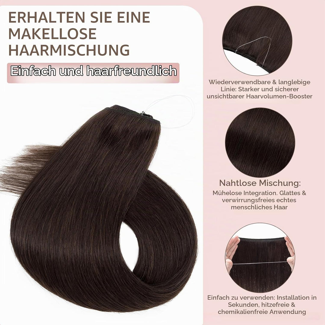 Extensions Echthaar mit transparenter Schnur, Silk-co Wire in ExtensionsDunkelbraun 60g, Secrets Hai