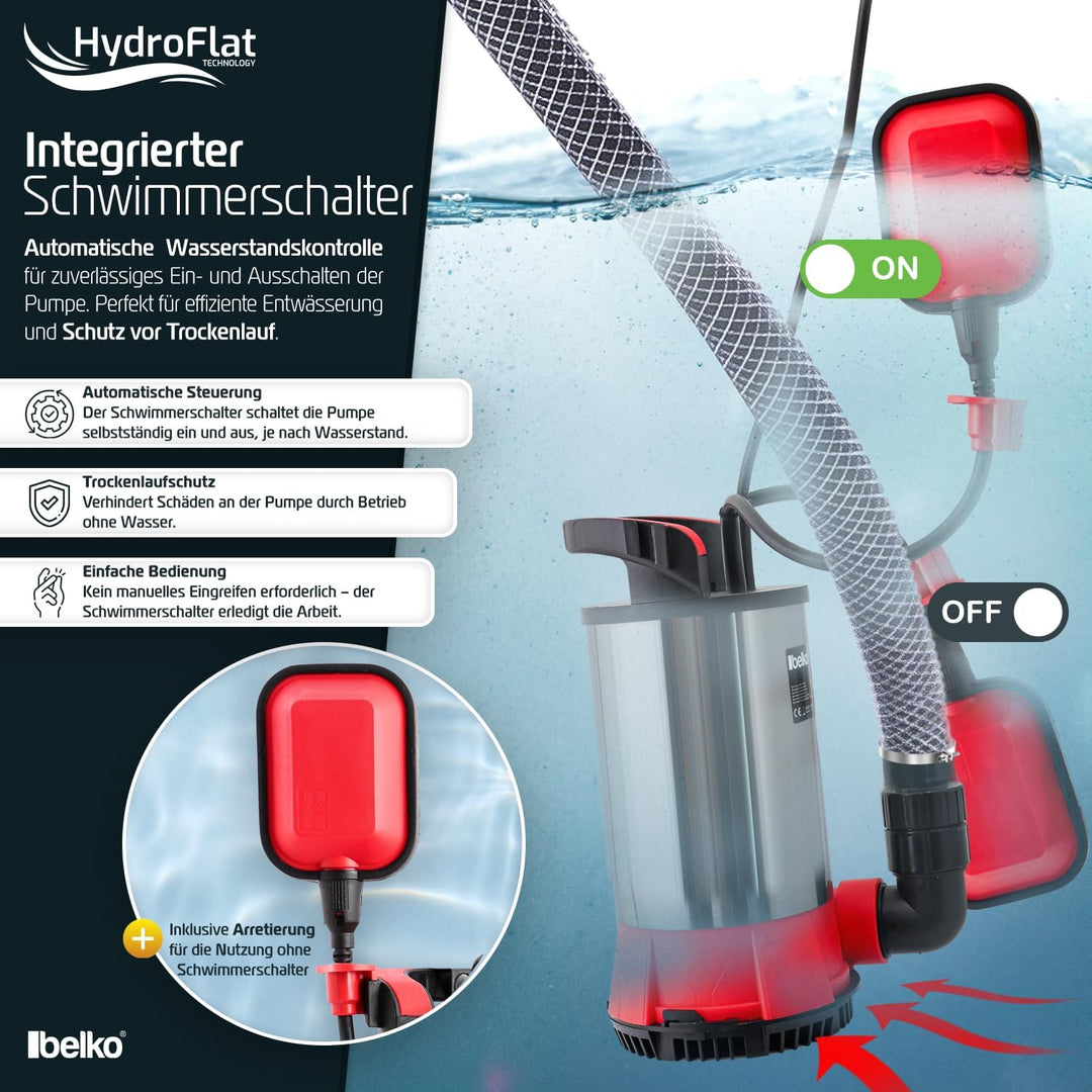 Belko® HydroFlat Vario Pro 850W – Flachsaugend bis 1 mm, 15.000 l/h, Edelstahlgehäuse, Schwimmerscha