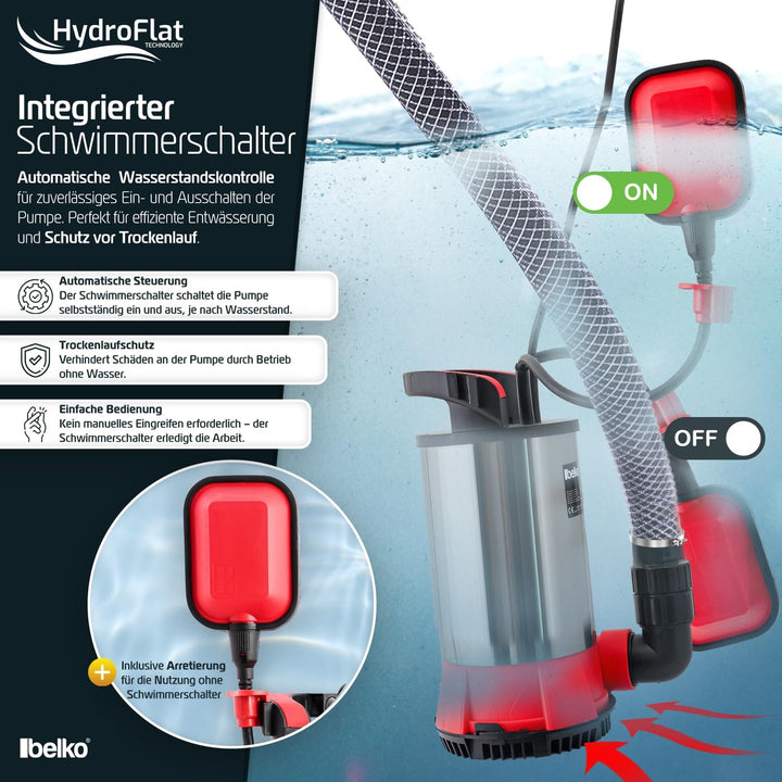 Belko® HydroFlat Vario Pro 850W – Flachsaugend bis 1 mm, 15.000 l/h, Edelstahlgehäuse, Schwimmerscha