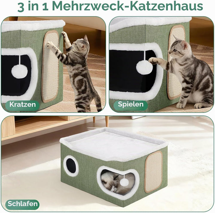 Faltbares Katzenhöhle, Katzenhaus Indoor grosse Katzen, 61T*45B*32H cm 2 Schicht Katzenwürfel, XXL K