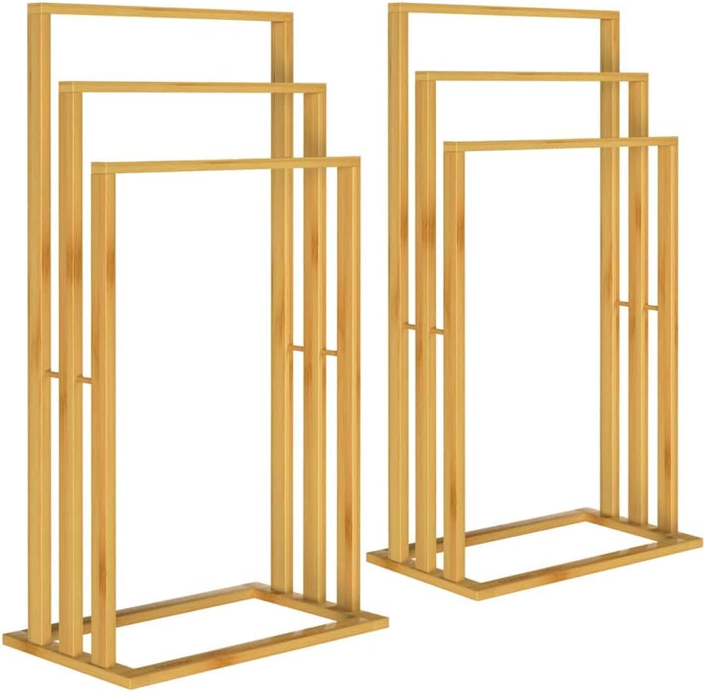CASARIA® 2er Set Handtuchständer Freistehend Bambus Holz 3 Stangen 82 x 40 x 24 cm Ablage Handtuchha