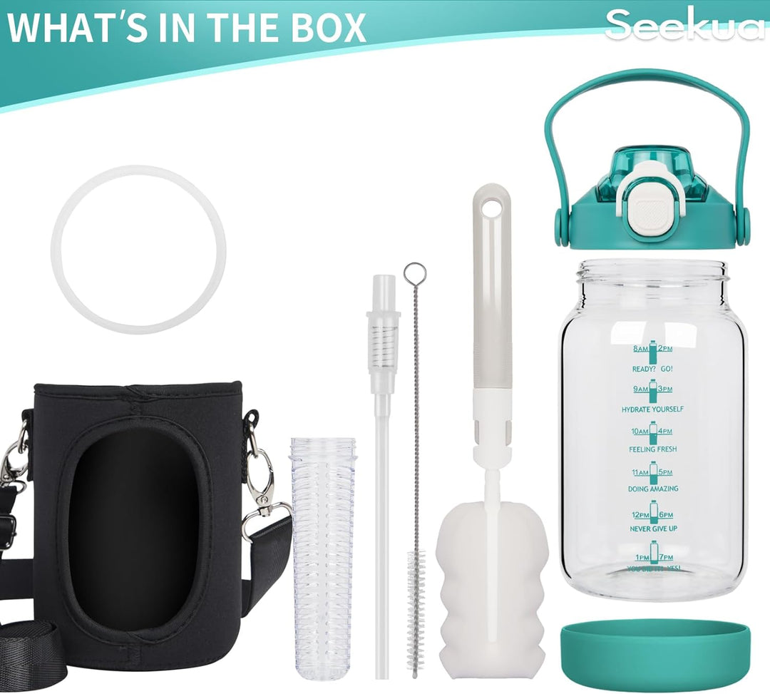 Seekua 1l Trinkflasche Glas Flasche mit Strohhalm & Zeitmarkierung, 1 liter Wasserflasche mit Frücht