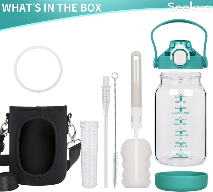 Seekua 1l Trinkflasche Glas Flasche mit Strohhalm & Zeitmarkierung, 1 liter Wasserflasche mit Frücht