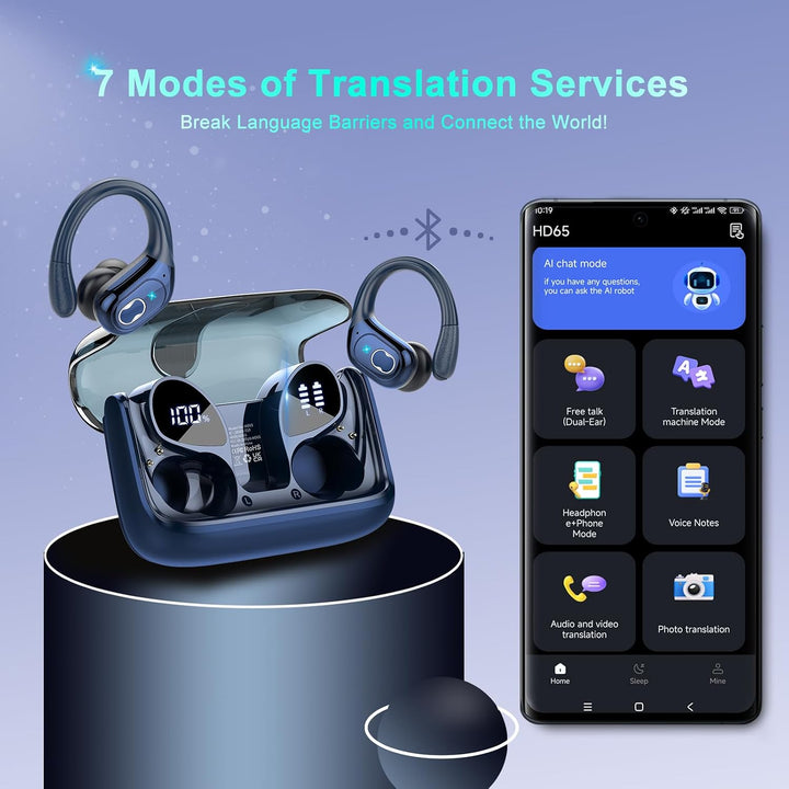 AI Kopfhörer Übersetzer, 6 Übersetzungsmodi mit App, 75Std, mit Ohrhaken | 3-in-1 Bluetooth 5.4 Echt